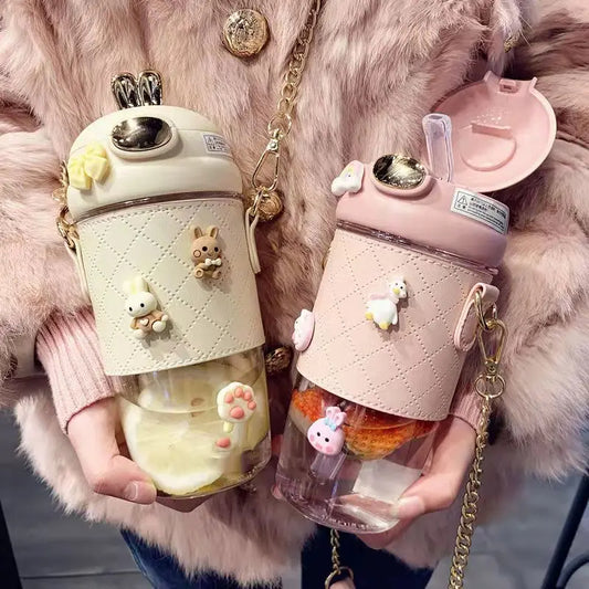 500ml Cute Rabbit Ear Plastic Water Bottles With Straw For Girls