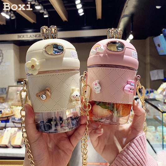 500ml Cute Rabbit Ear Plastic Water Bottles With Straw For Girls